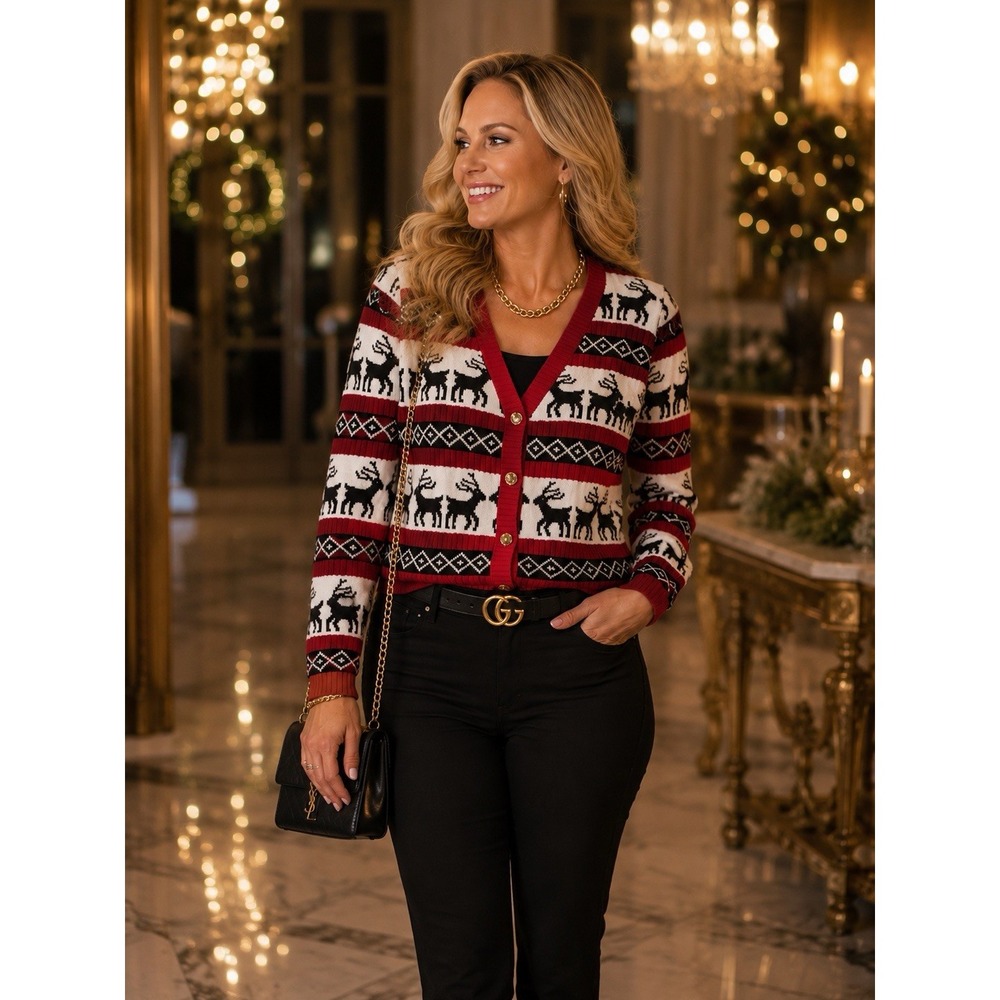 V28 Reindeer Ugly Christmas Cardigan Sweater Red Black Button Women 1XL NWT